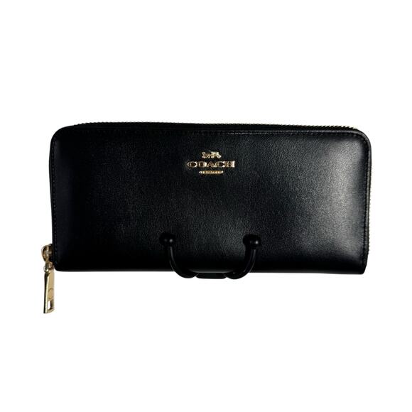 Coach Accordion Full Zip Slim Wallet Black Smooth Leather Gold Toned Accents - Picture 1 of 9